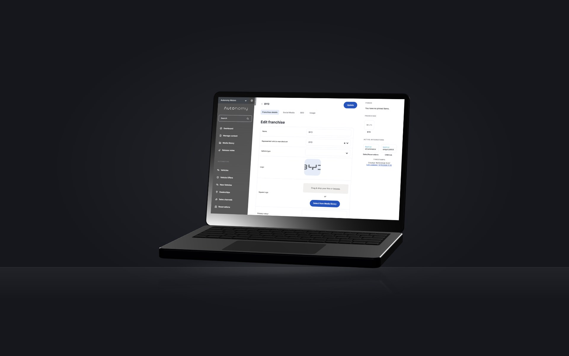 The Autonomy admin's Edit franchise screen on a laptop