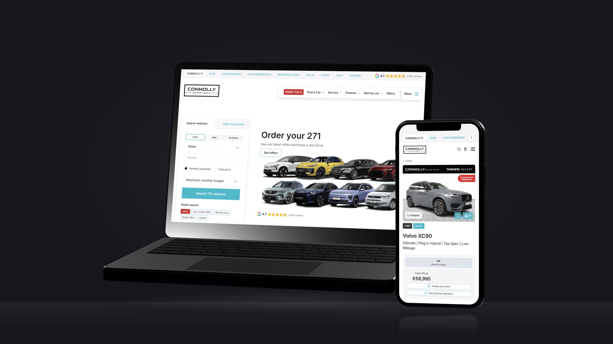 Connolly Motor Group homepage on a laptop and a Volvo XC90 vehicle page on a phone