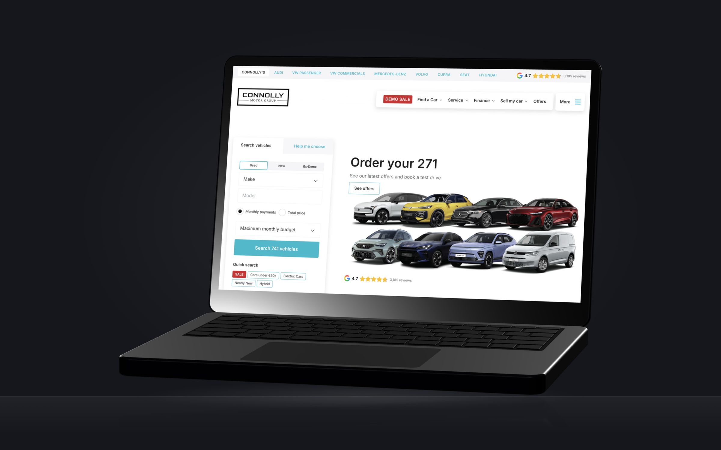 The Connolly Motor Group homepage on a laptop, with vehicle search and Help me choose