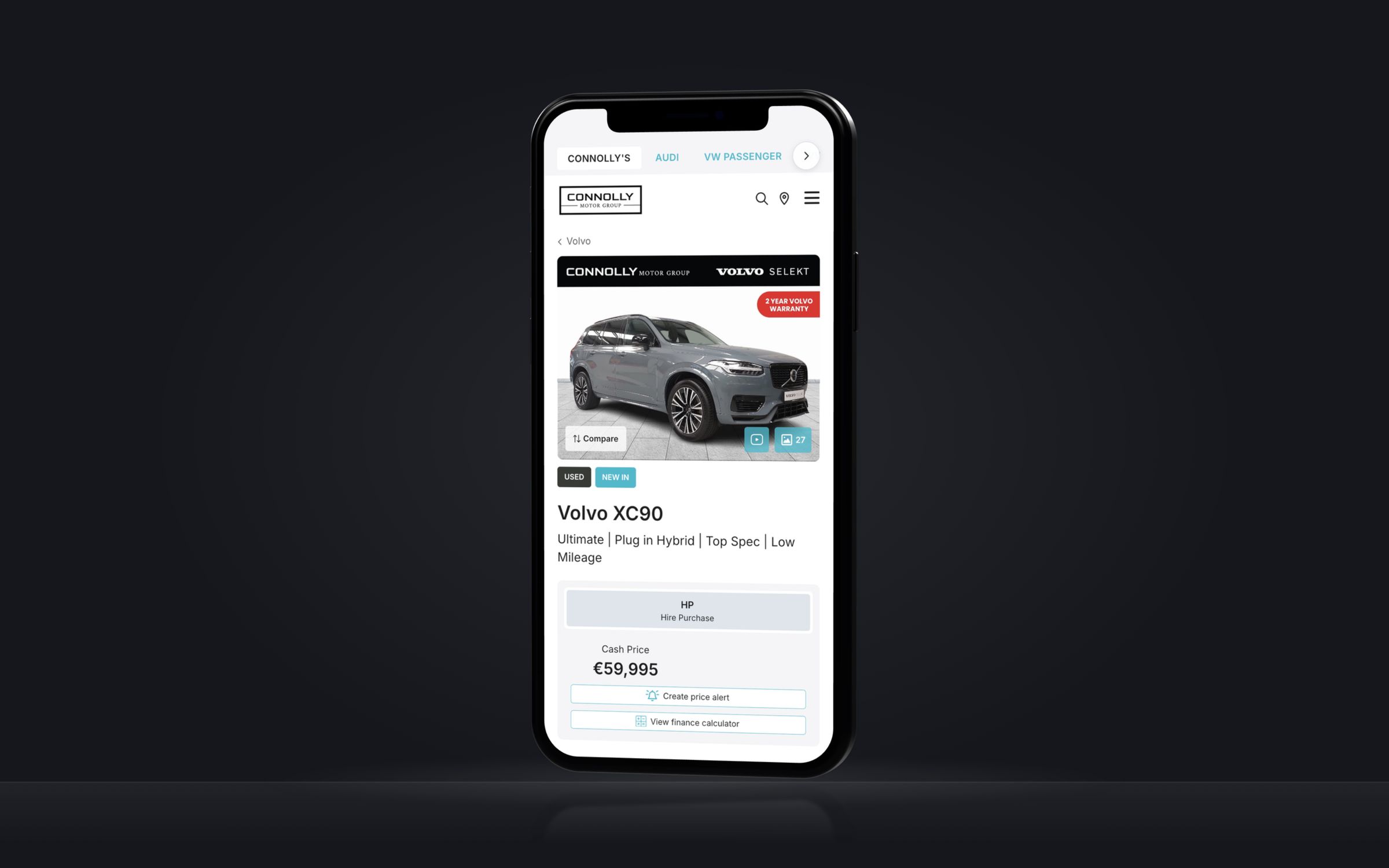 A Connolly Motor Group vehicle page for a Volvo XC90 on a phone