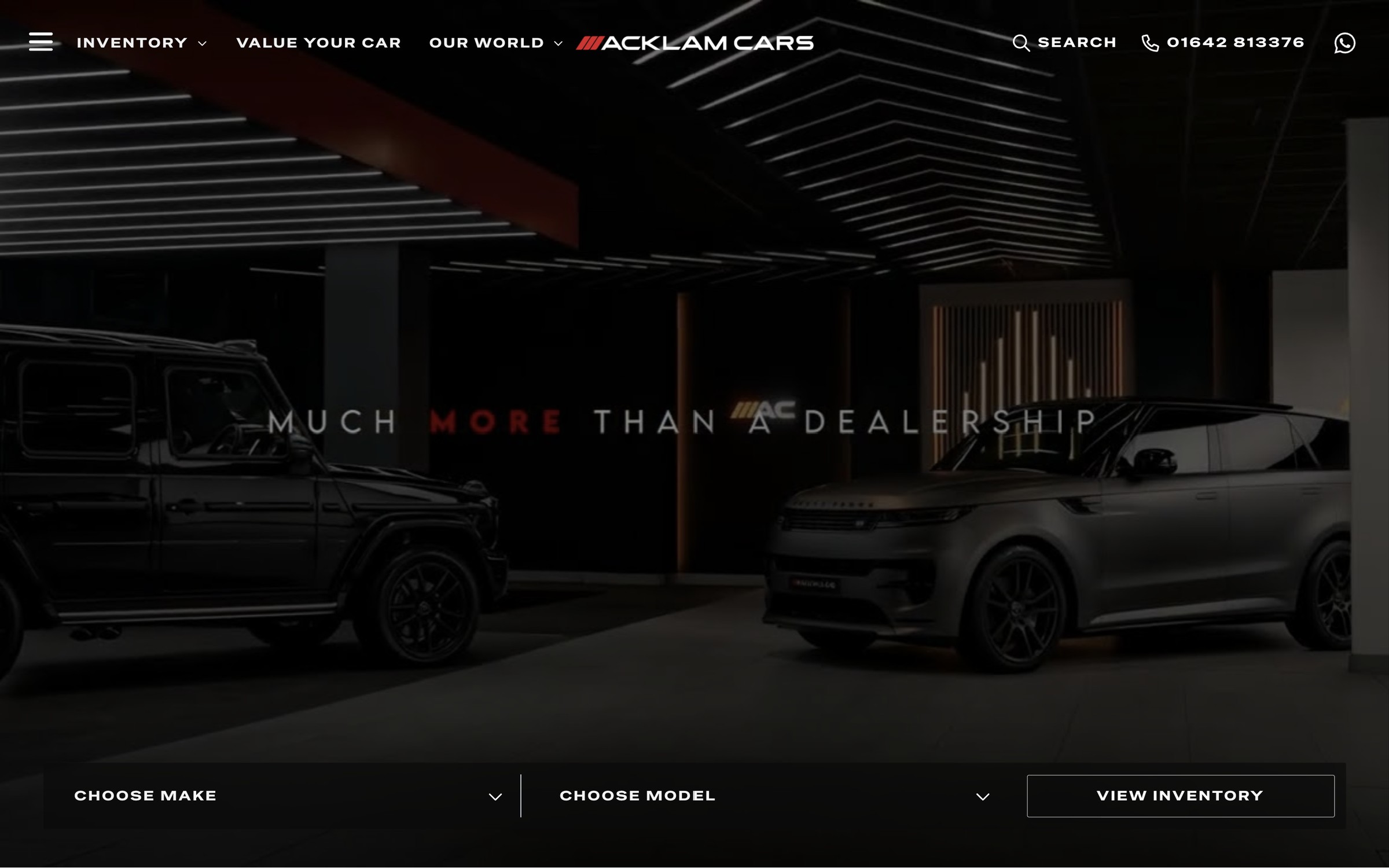 The Acklam Cars homepage, with the showroom film behind a make and model search