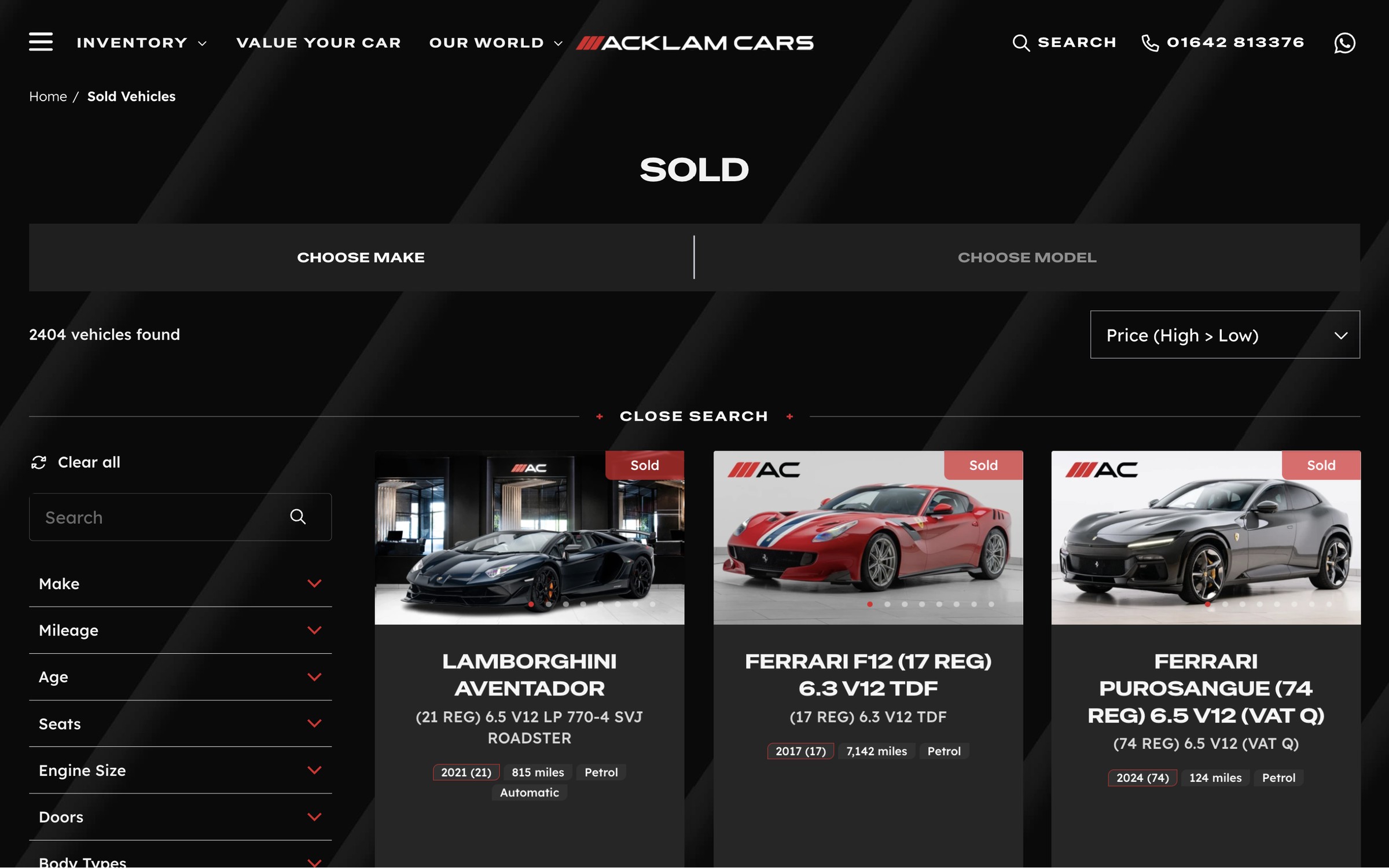 The Previously Sold archive on desktop, with make and model search, filters and sold Lamborghini and Ferrari cards