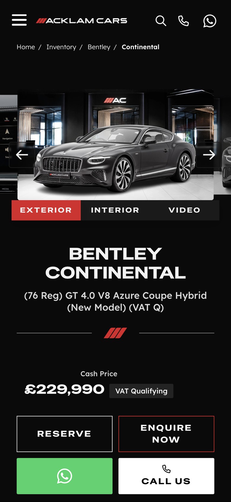A Bentley Continental GT vehicle page on a phone, with exterior, interior and video tabs and the cash price