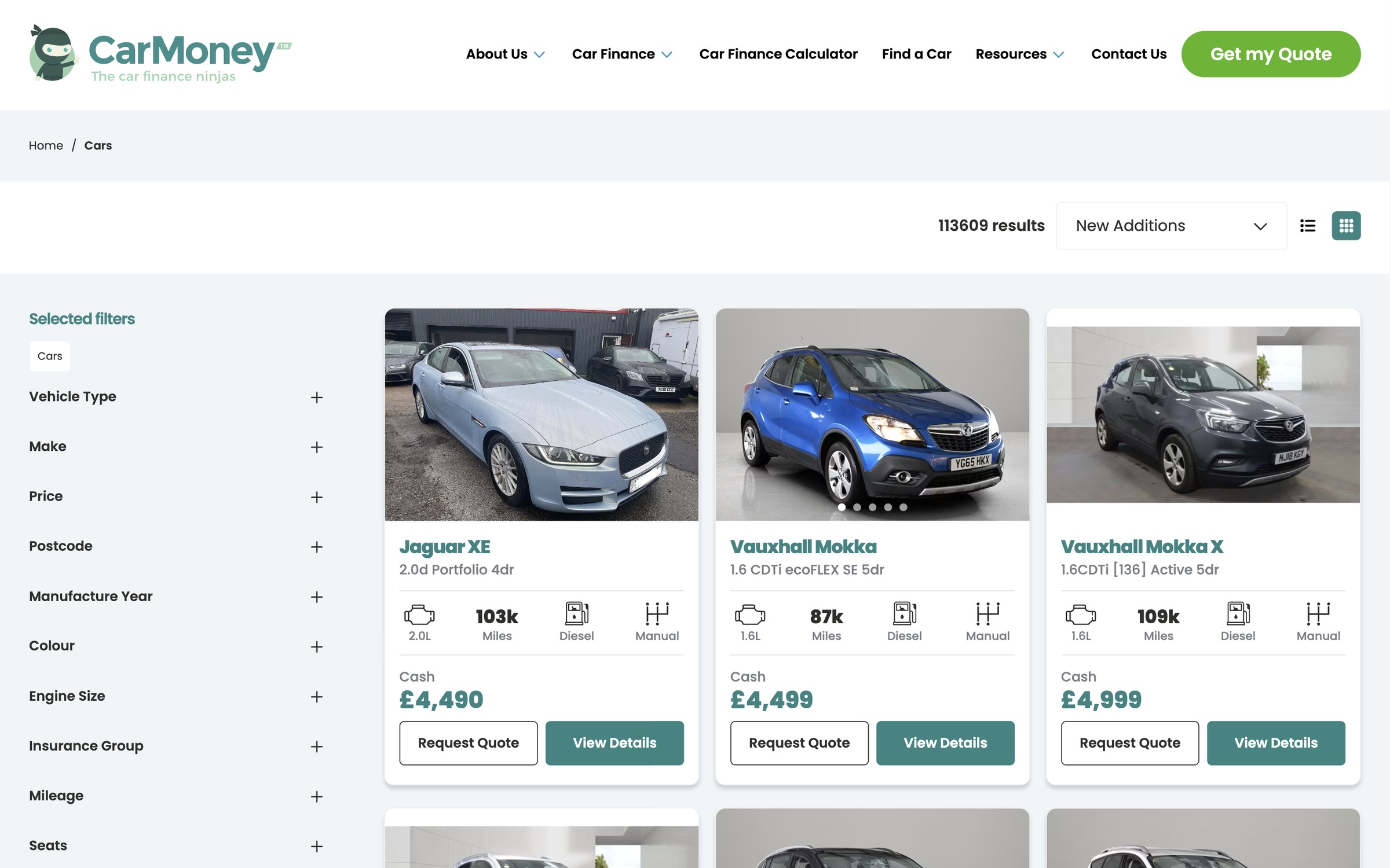 The CarMoney car search on desktop, with filters by vehicle type, make, price and postcode and cars from across the UK