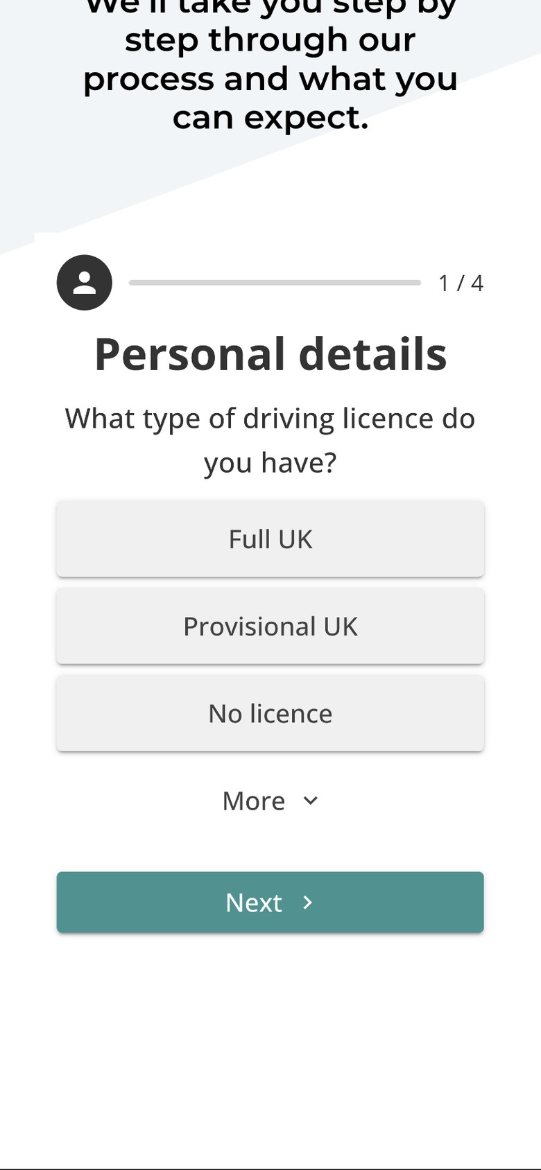 Step one of four of the finance application on a phone, asking about the driving licence