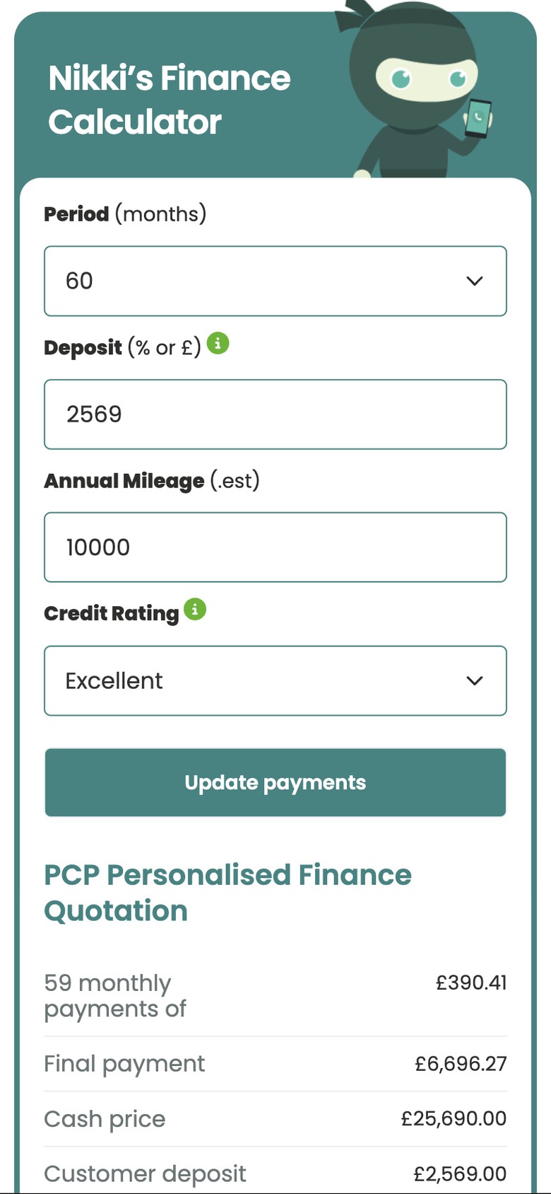 Nikki's Finance Calculator on a phone, with period, deposit, mileage and credit rating
