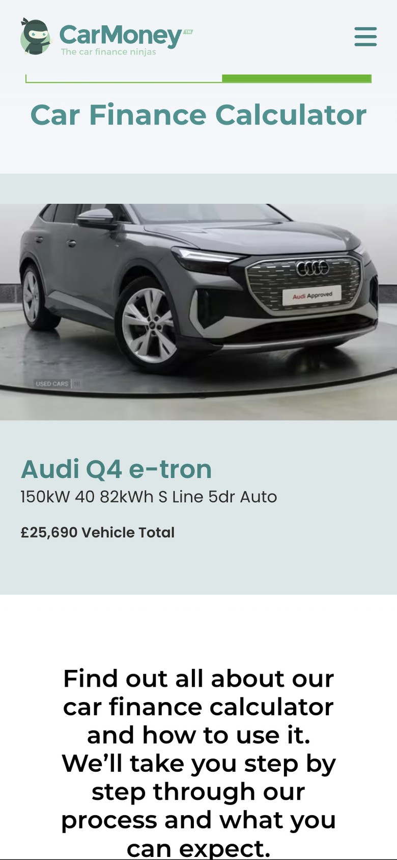 The car finance calculator page on a phone, showing the car you've picked