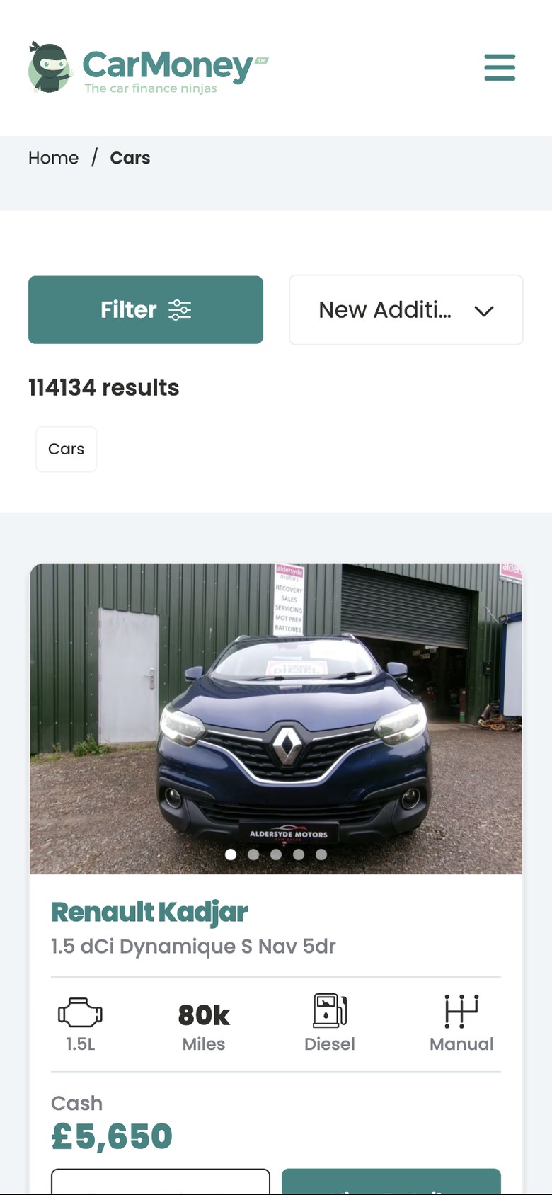 The CarMoney car search on a phone, with Filter and sort controls above the results