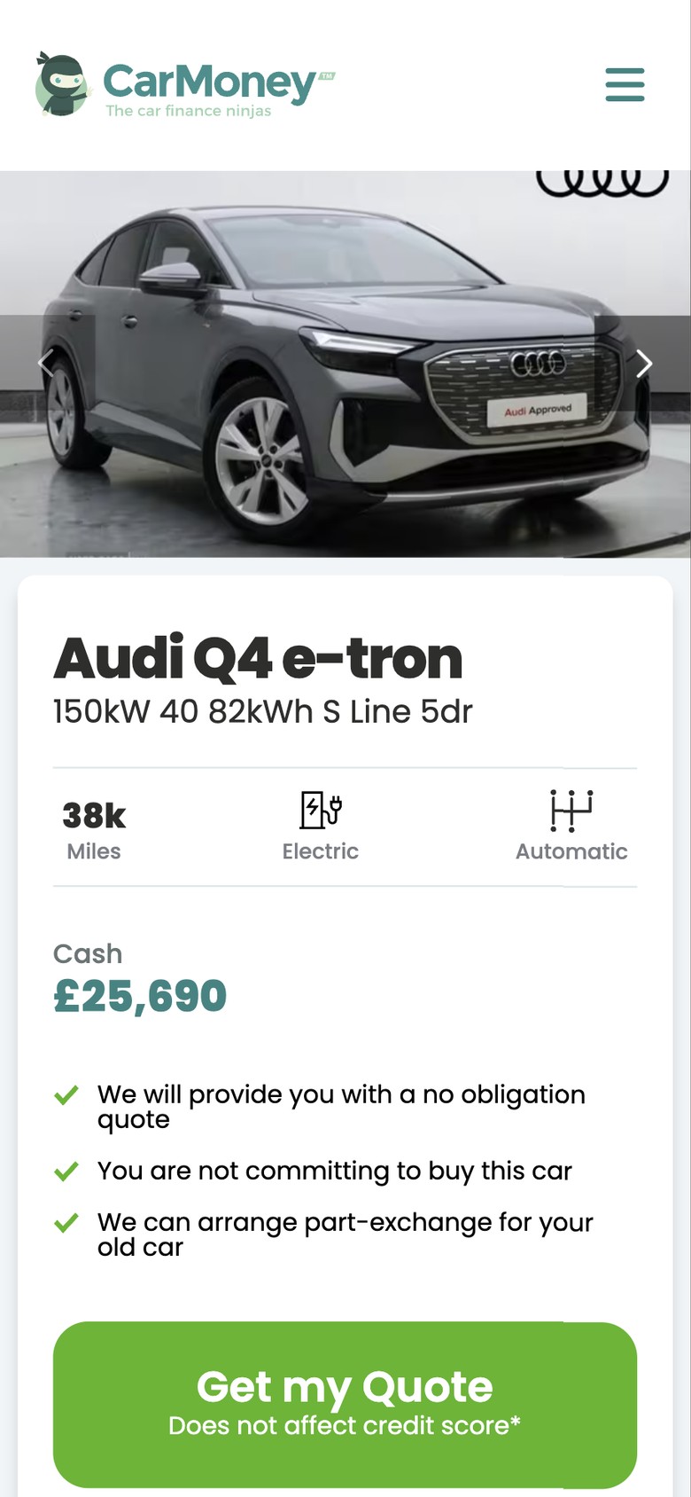 A used Audi Q4 e-tron vehicle page on a phone, with the cash price and the Get my Quote button