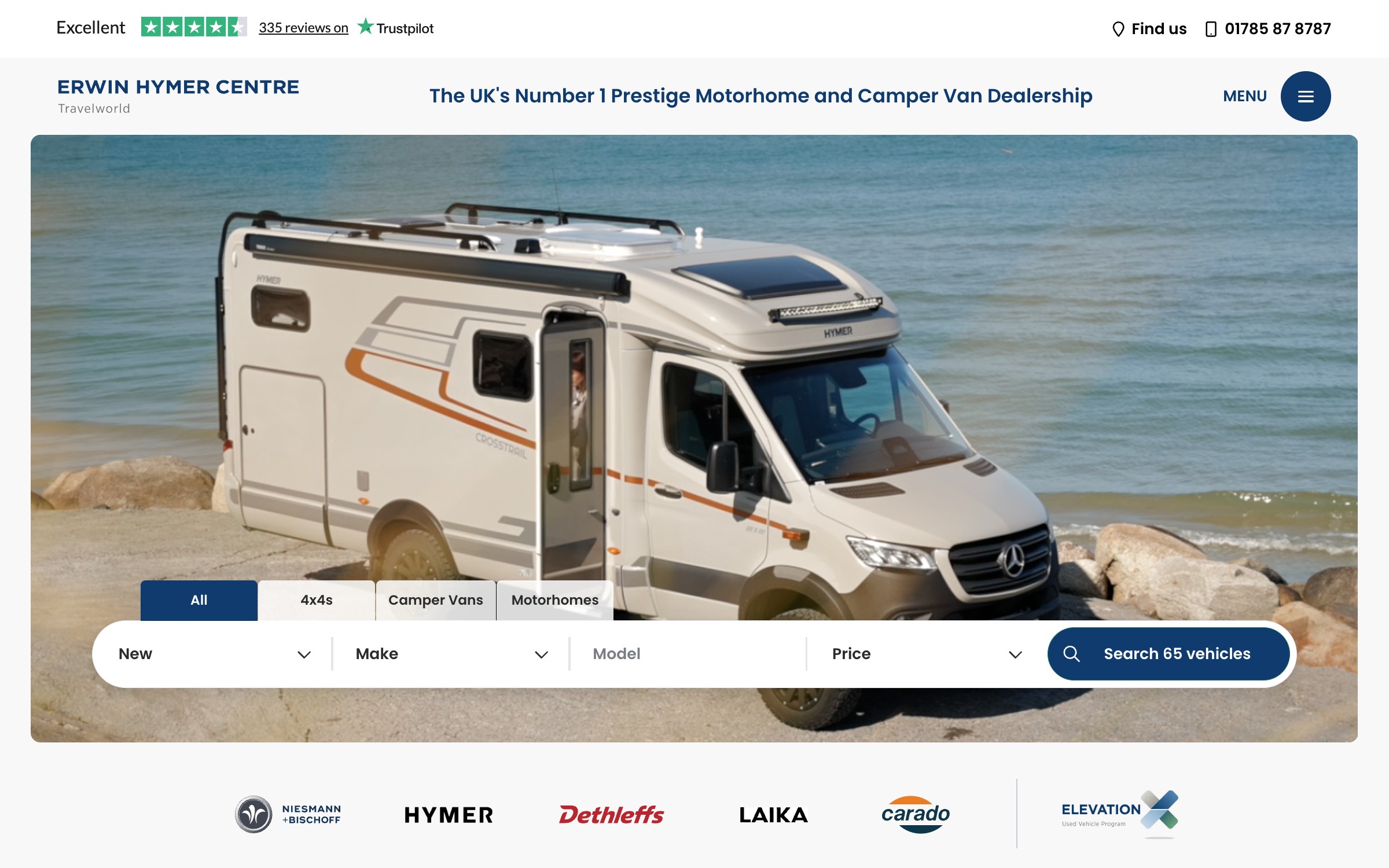 The Erwin Hymer Centre homepage, with a HYMER CrossTrail by the sea behind a search with motorhome, camper van and 4x4 tabs