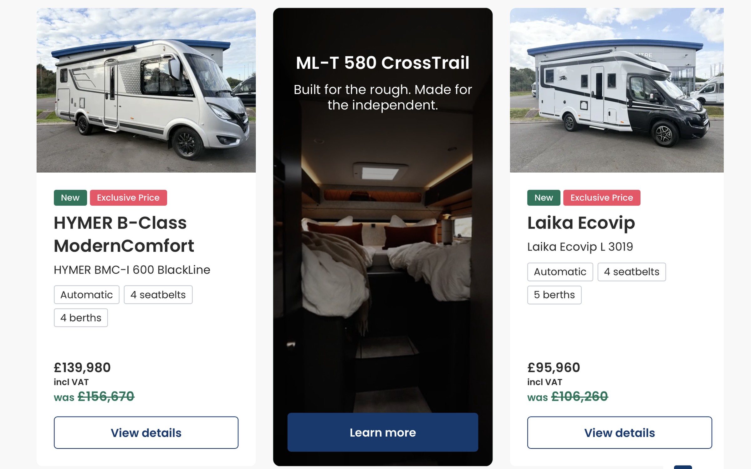 New stock results on desktop with a HYMER ML-T 580 CrossTrail video offer card between a HYMER B-Class ModernComfort and a Laika Ecovip