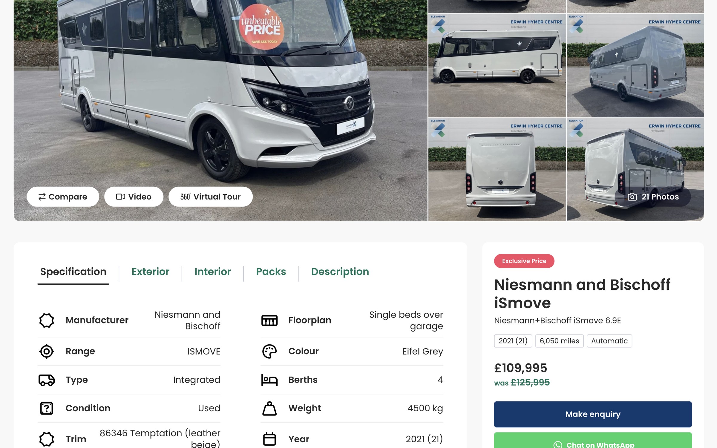 A used Niesmann+Bischoff iSmove vehicle page on desktop, with the photo gallery, video and virtual tour buttons and a specification table showing floorplan, berths and weight