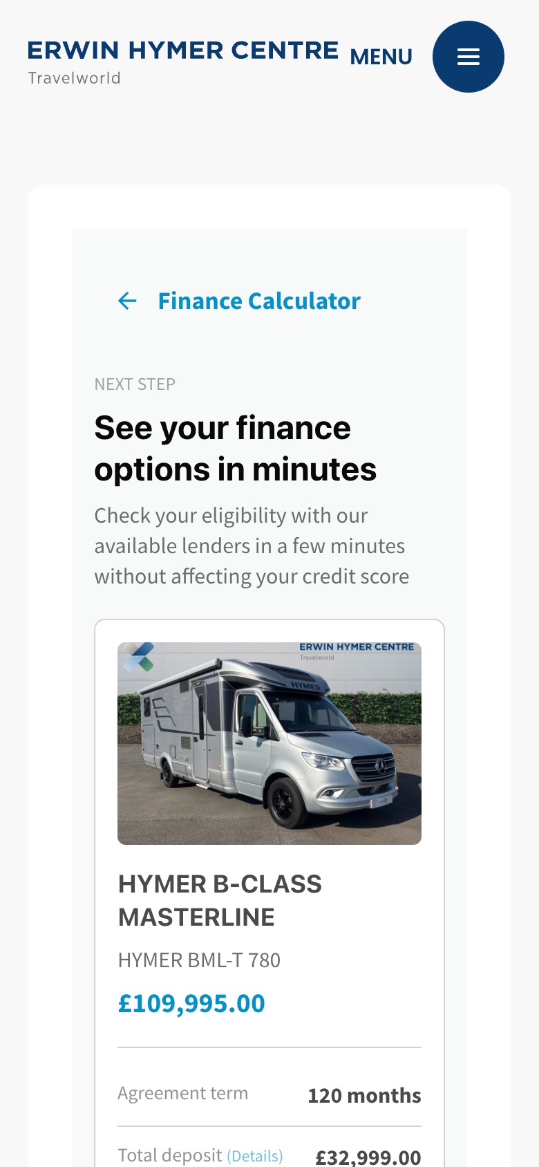 The first step of the iVendi eligibility check on a phone, showing the HYMER B-Class MasterLine, its price and the agreement term