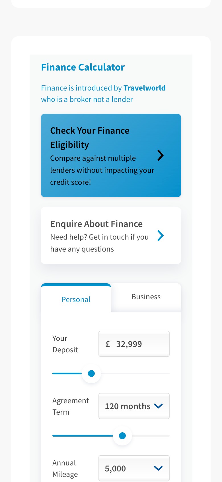 The iVendi finance calculator on a phone, with an eligibility check, personal and business tabs, deposit, term and mileage