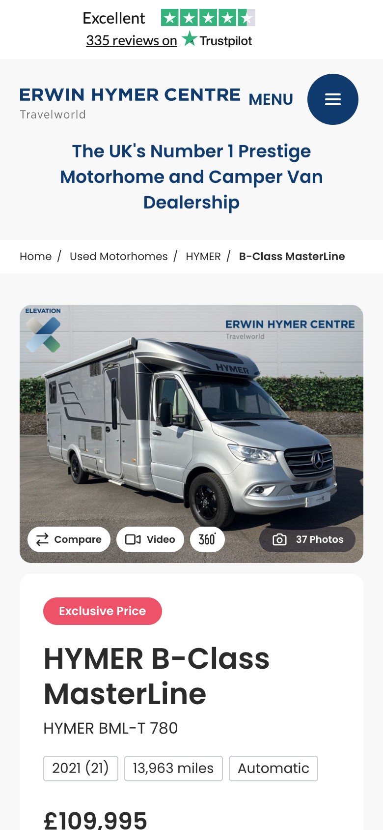 A used HYMER B-Class MasterLine vehicle page on a phone, with video and virtual tour buttons and the cash price