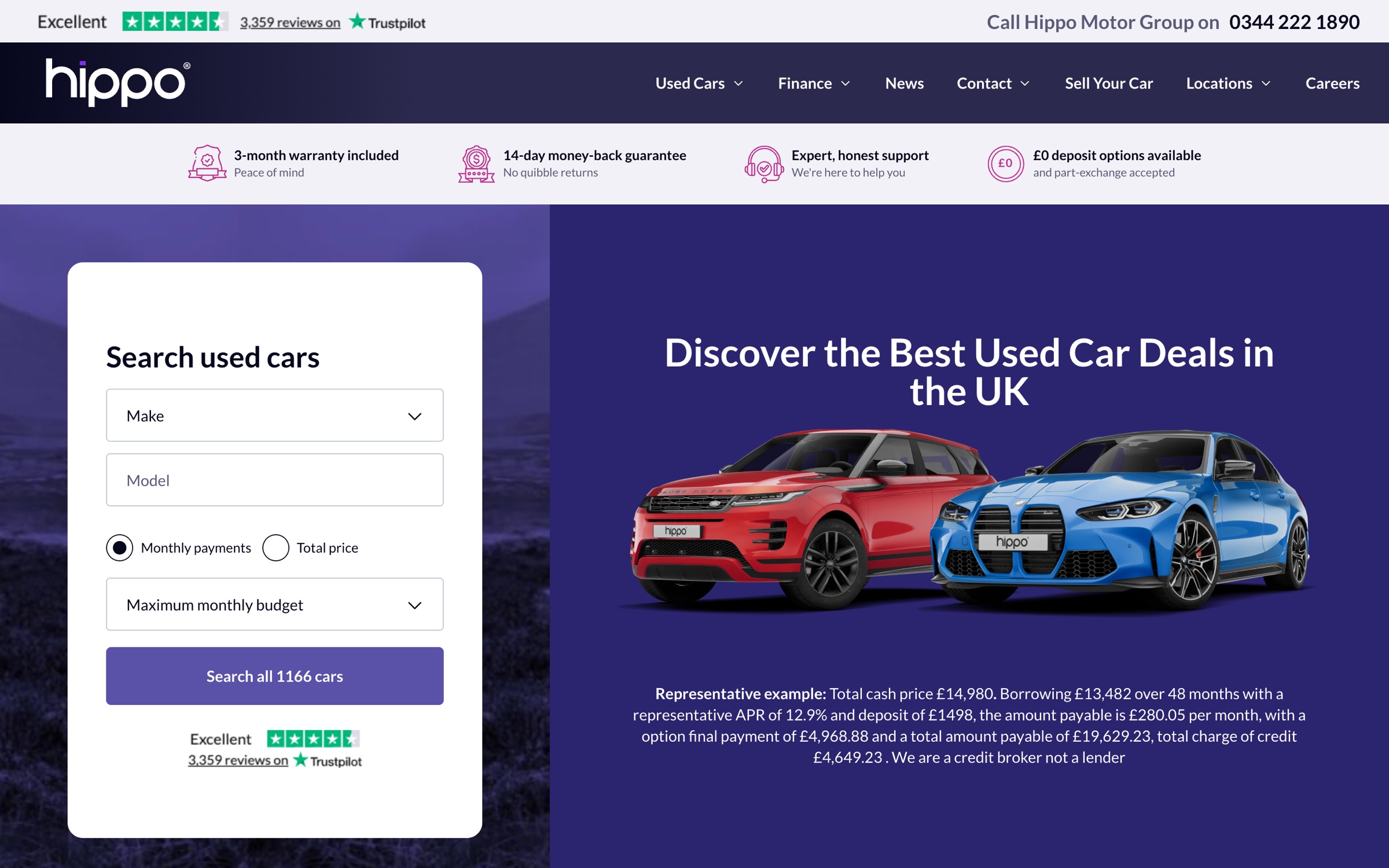 The Hippo Motor Group homepage, with a make, model and budget search and the Used Car Promise below