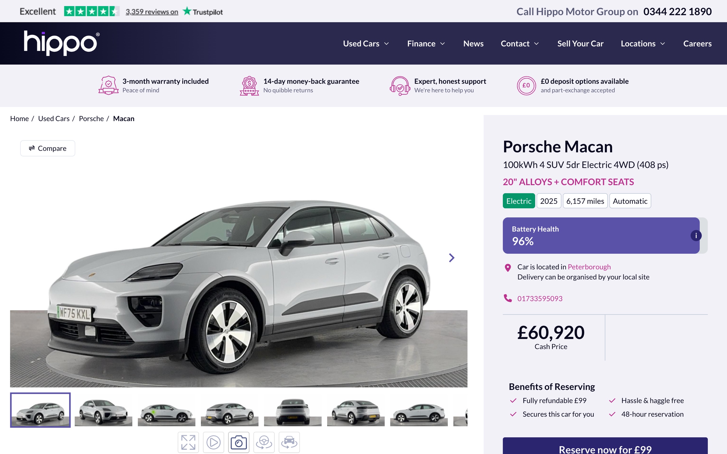 A used Porsche Macan Electric vehicle page on desktop, with the photo and video gallery and the battery health figure