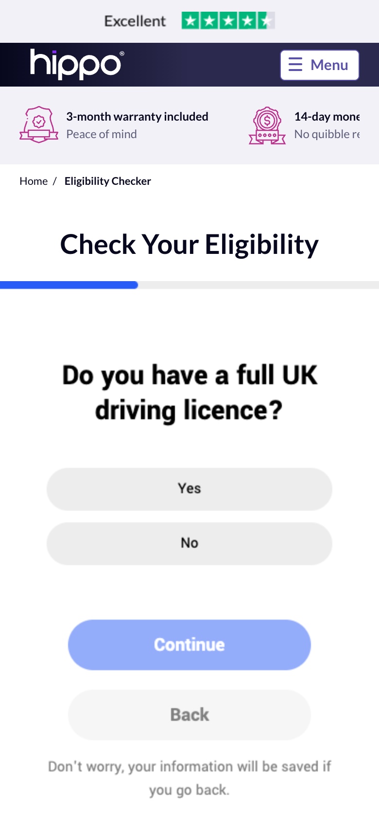 The first step of the eligibility check on a phone