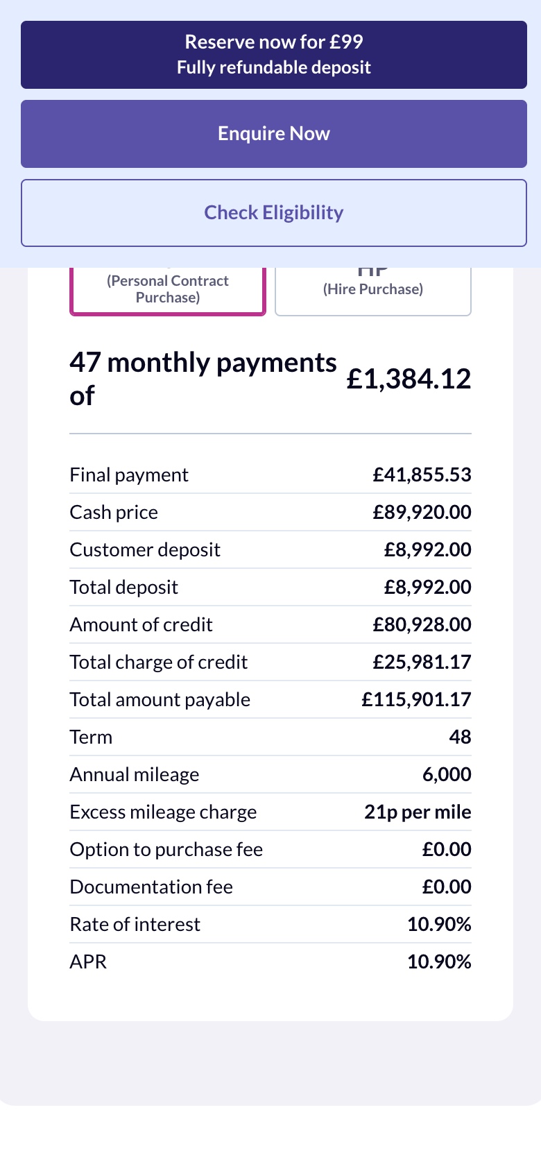 The finance calculator with its representative example on a phone
