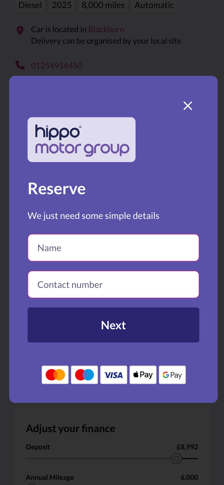 The reservation form on a phone