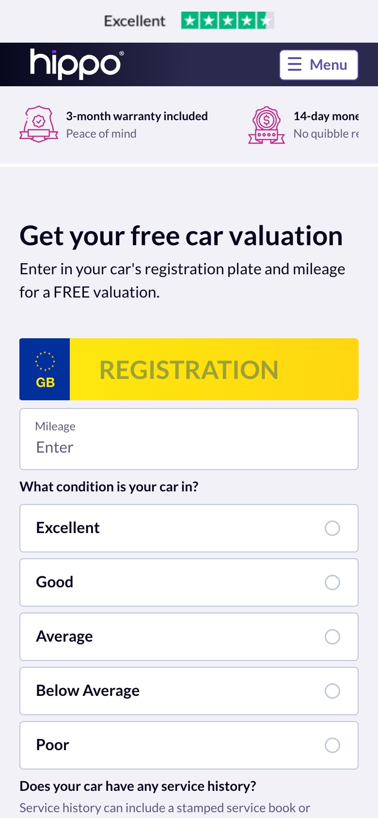 The car valuation form on a phone