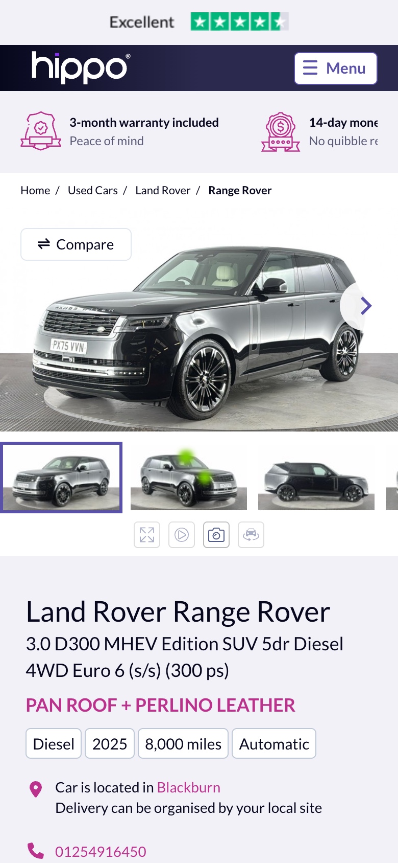 A used Land Rover Range Rover vehicle page on a phone, with the photo gallery, the model details and the Blackburn location