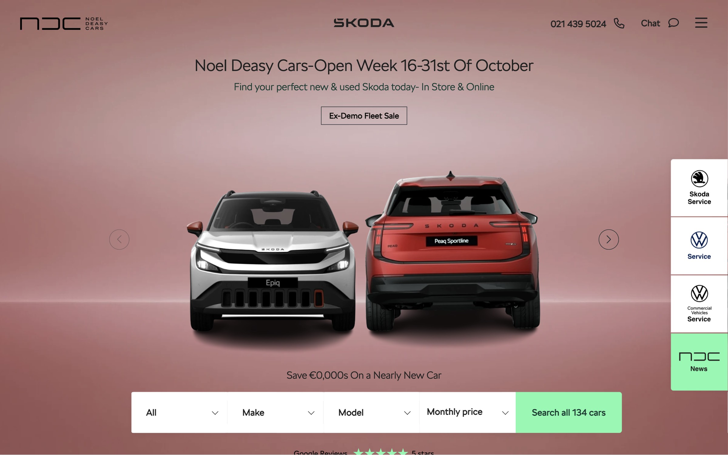 The Noel Deasy Cars homepage, with the Škoda Epiq and Peaq, a condition, make, model and monthly price search and Škoda and Volkswagen service links