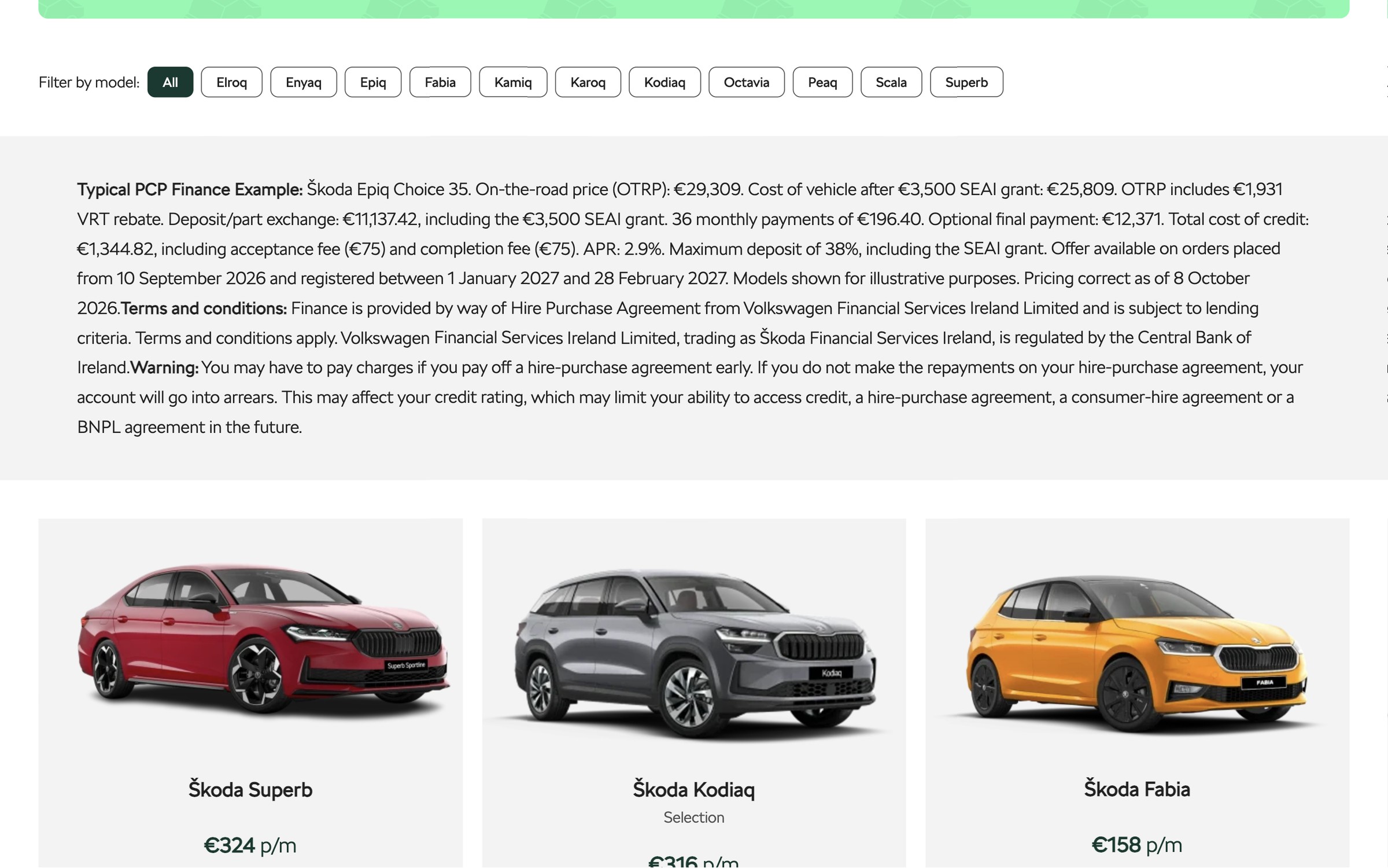 The new Škoda cars page on desktop, with model filters, the typical PCP finance example and range cards for the Superb, Kodiaq and Fabia with monthly figures