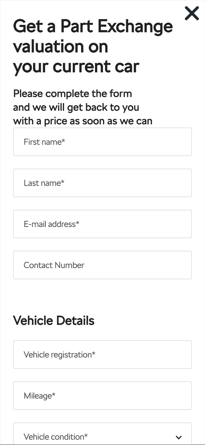 The part exchange valuation form on a phone, asking for contact details, registration, mileage and condition
