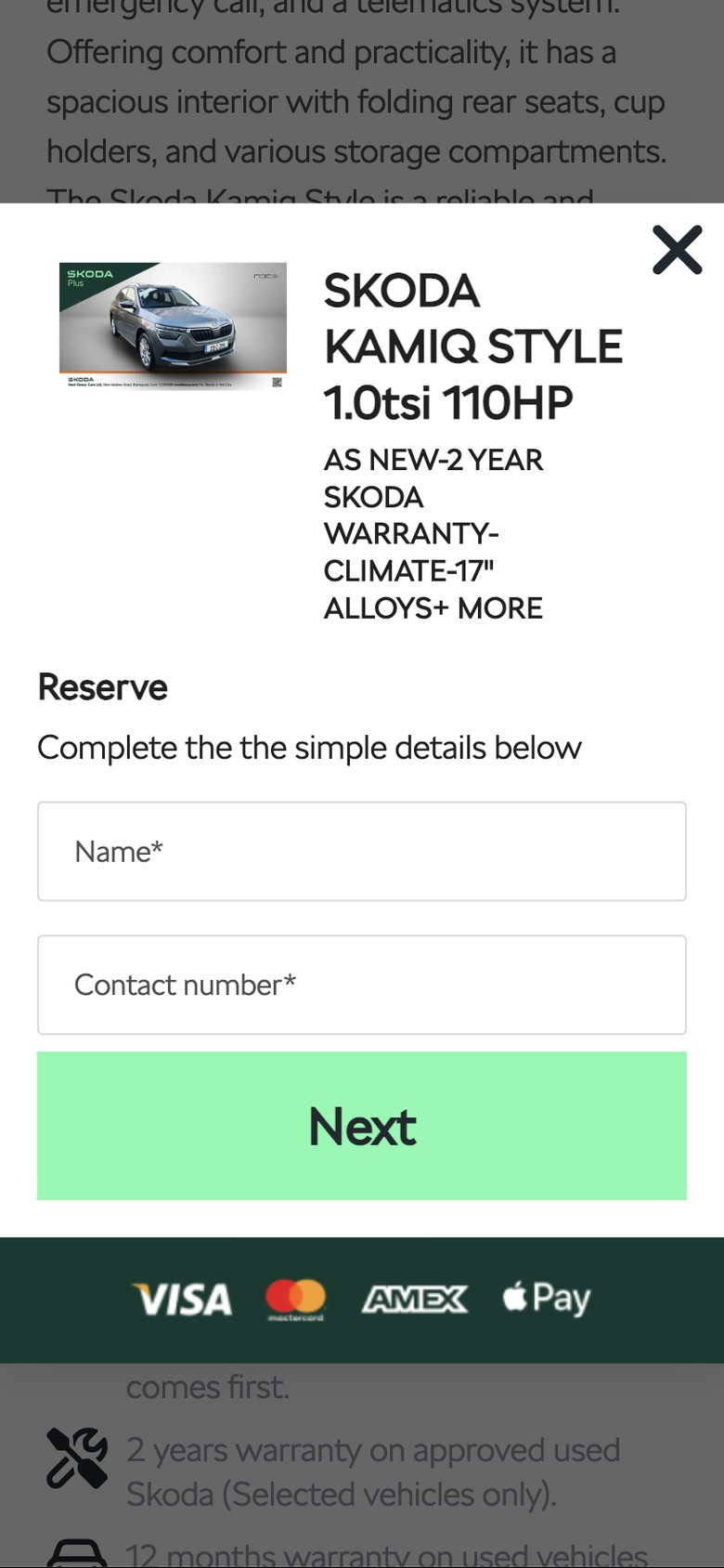 The Reserve dialog on a phone, asking for a name and contact number with Visa, Mastercard, Amex and Apple Pay logos below
