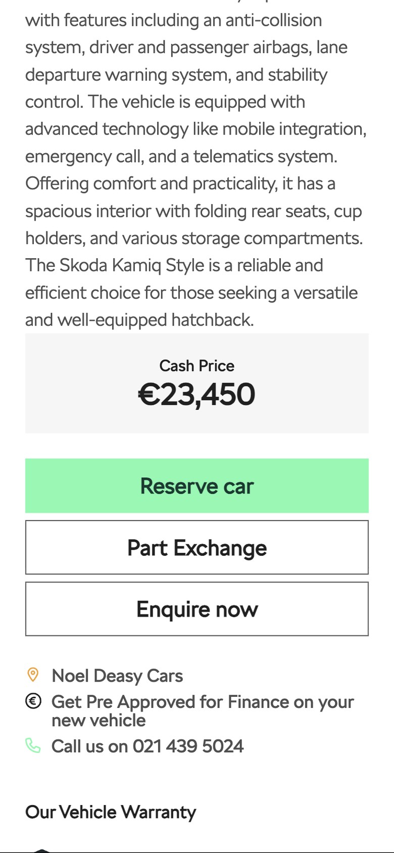 The buying panel of a used Škoda Kamiq vehicle page on a phone, with the cash price and Reserve car, Part Exchange and Enquire now buttons