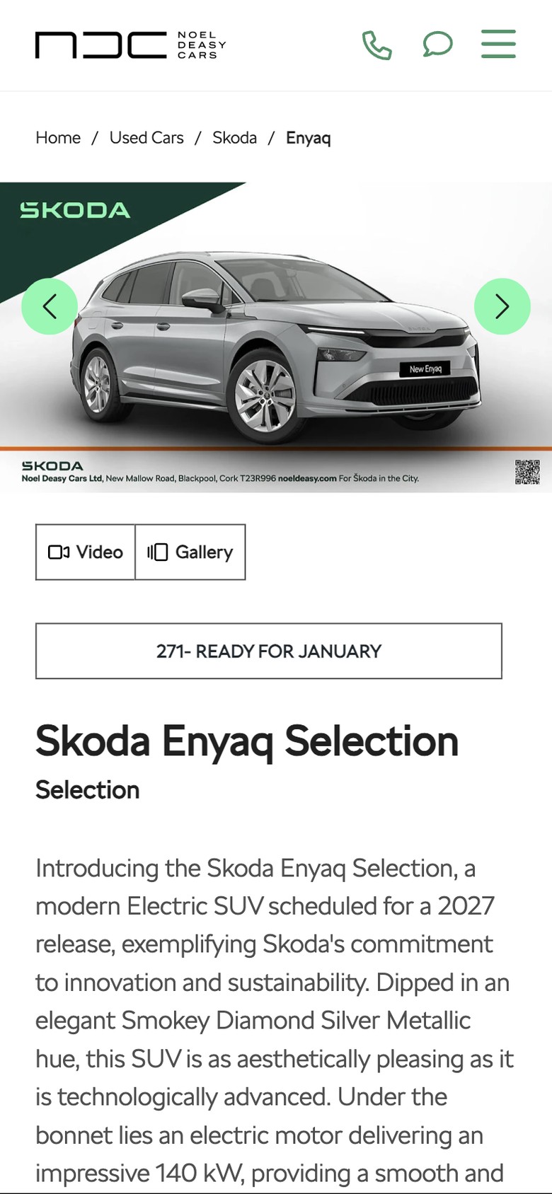 A new Škoda Enyaq Selection vehicle page on a phone, with the branded hero image, video and gallery buttons and the written description