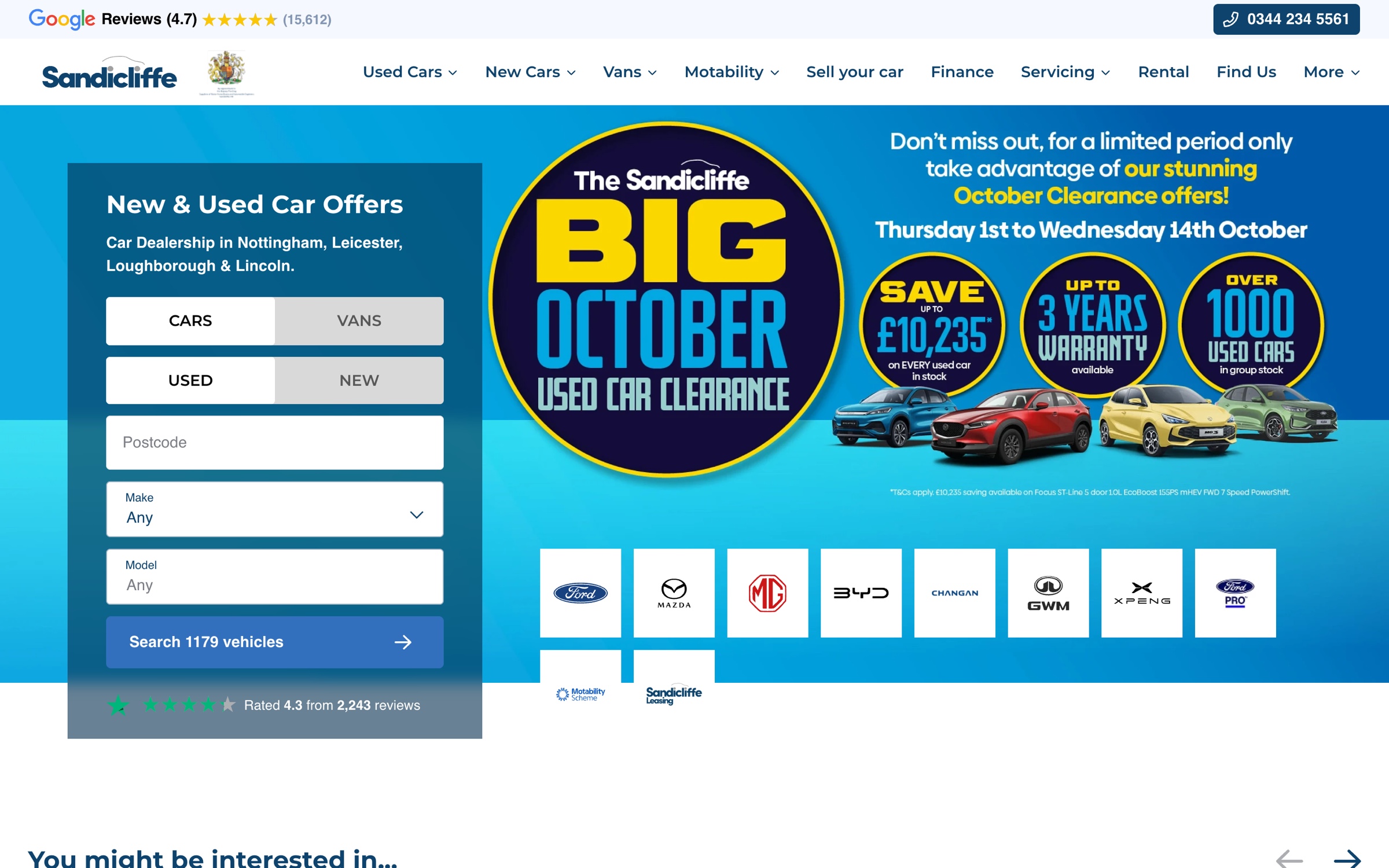 The Sandicliffe homepage, with a new and used car search and the franchise brands below