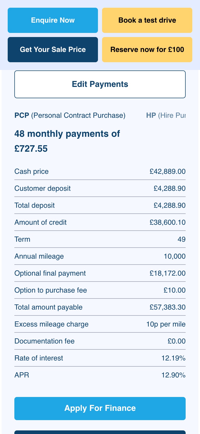 The CodeWeavers finance calculator on a phone, with PCP and HP tabs and the full PCP breakdown including the APR