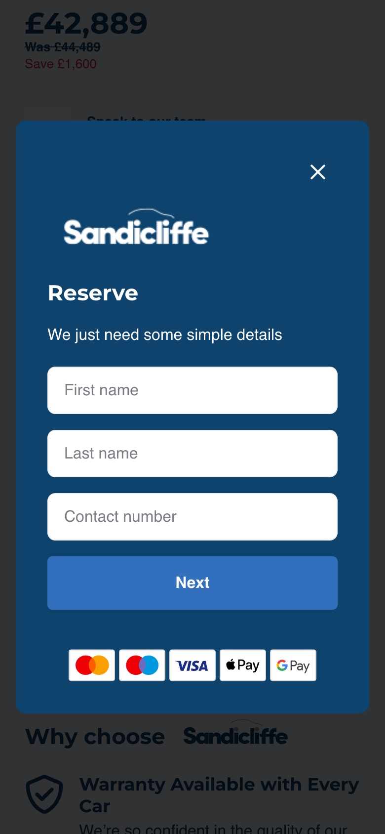 The Reserve panel on a phone, asking for a first name, last name and contact number