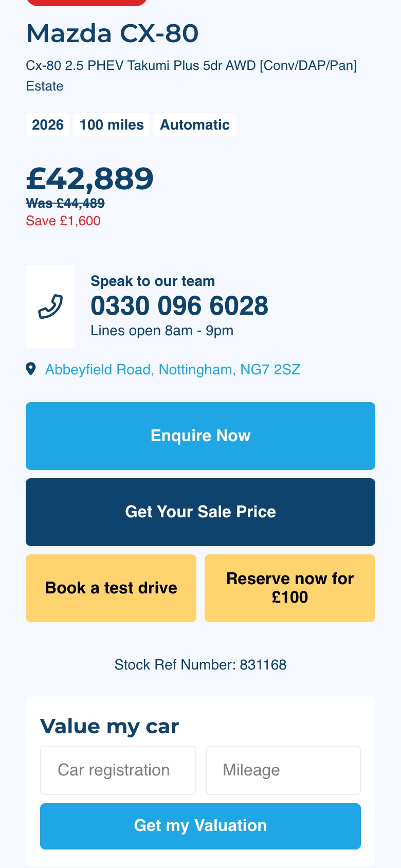 A used car page on a phone, with the price and the Reserve now for £100 button beside Book a test drive