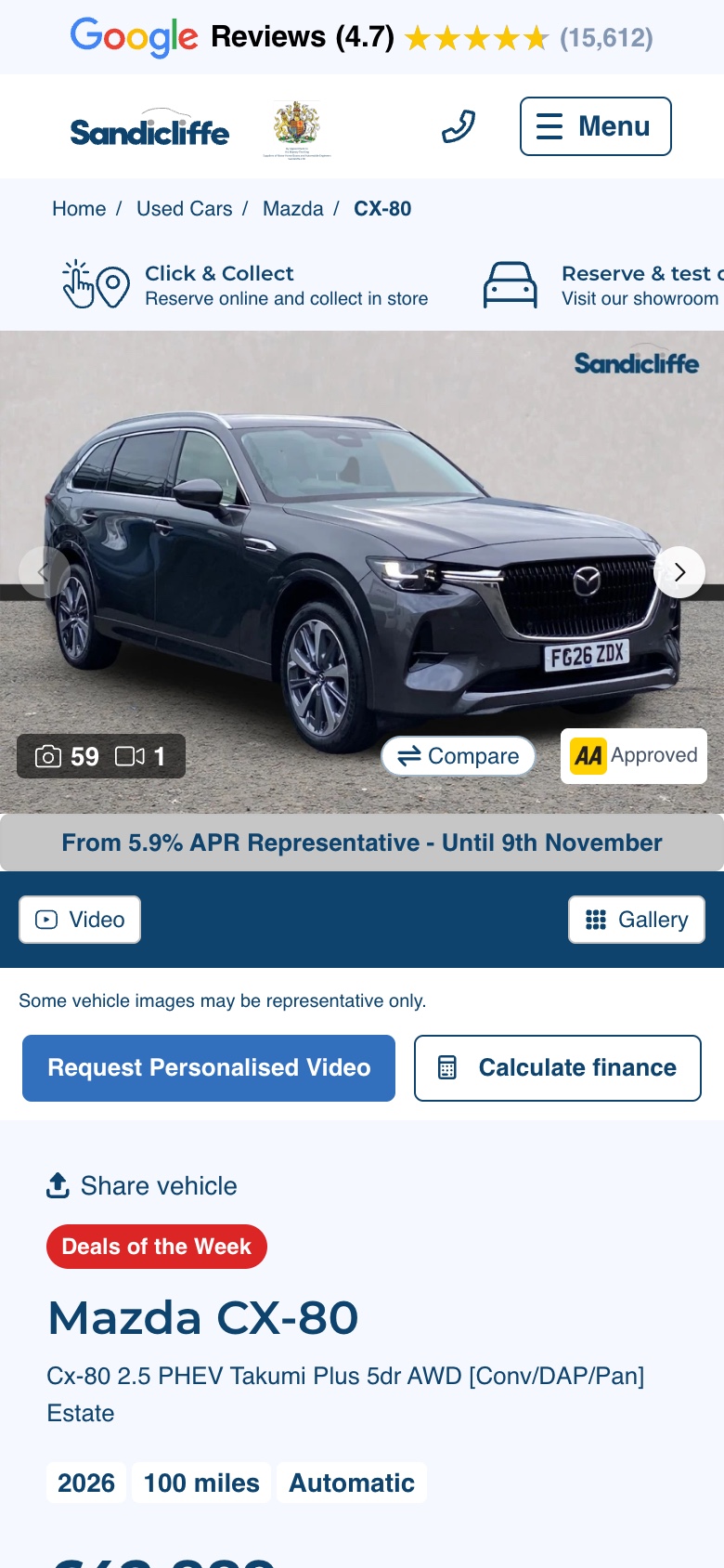 A used Mazda CX-80 vehicle page on a phone, with the photo gallery, video and finance buttons and the model details