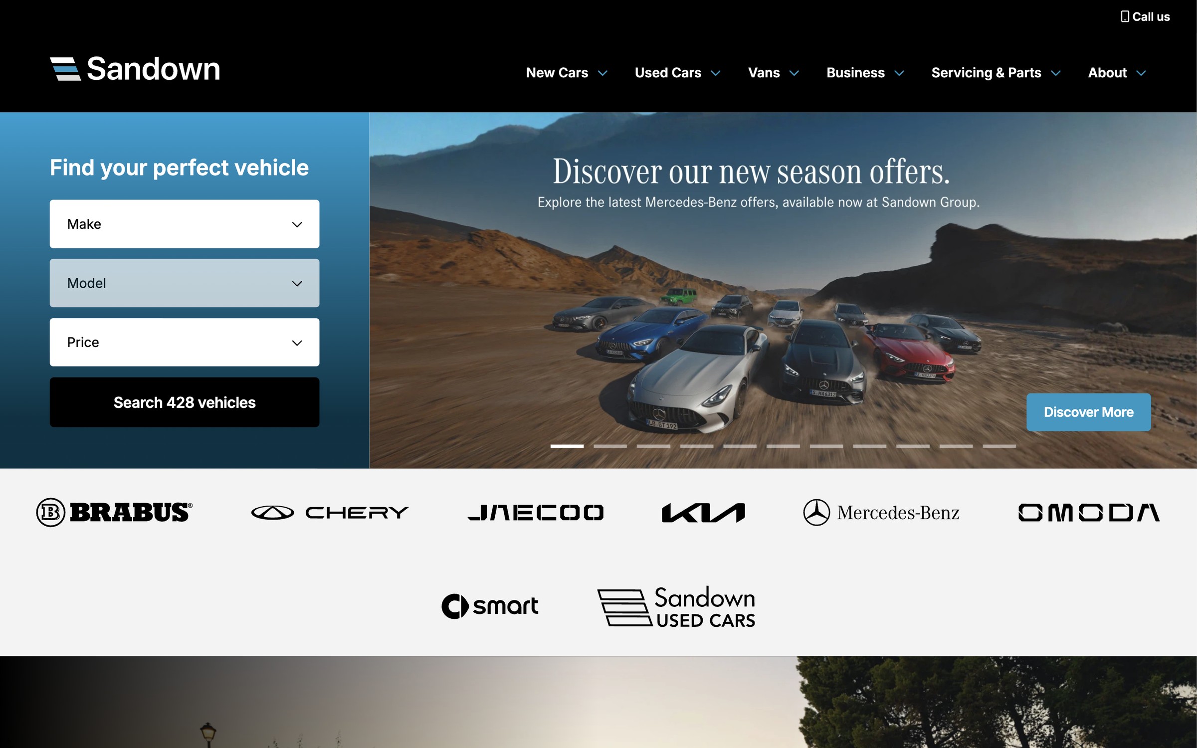 The Sandown Group homepage, with a make, model and price search, Book a test drive and the latest used cars