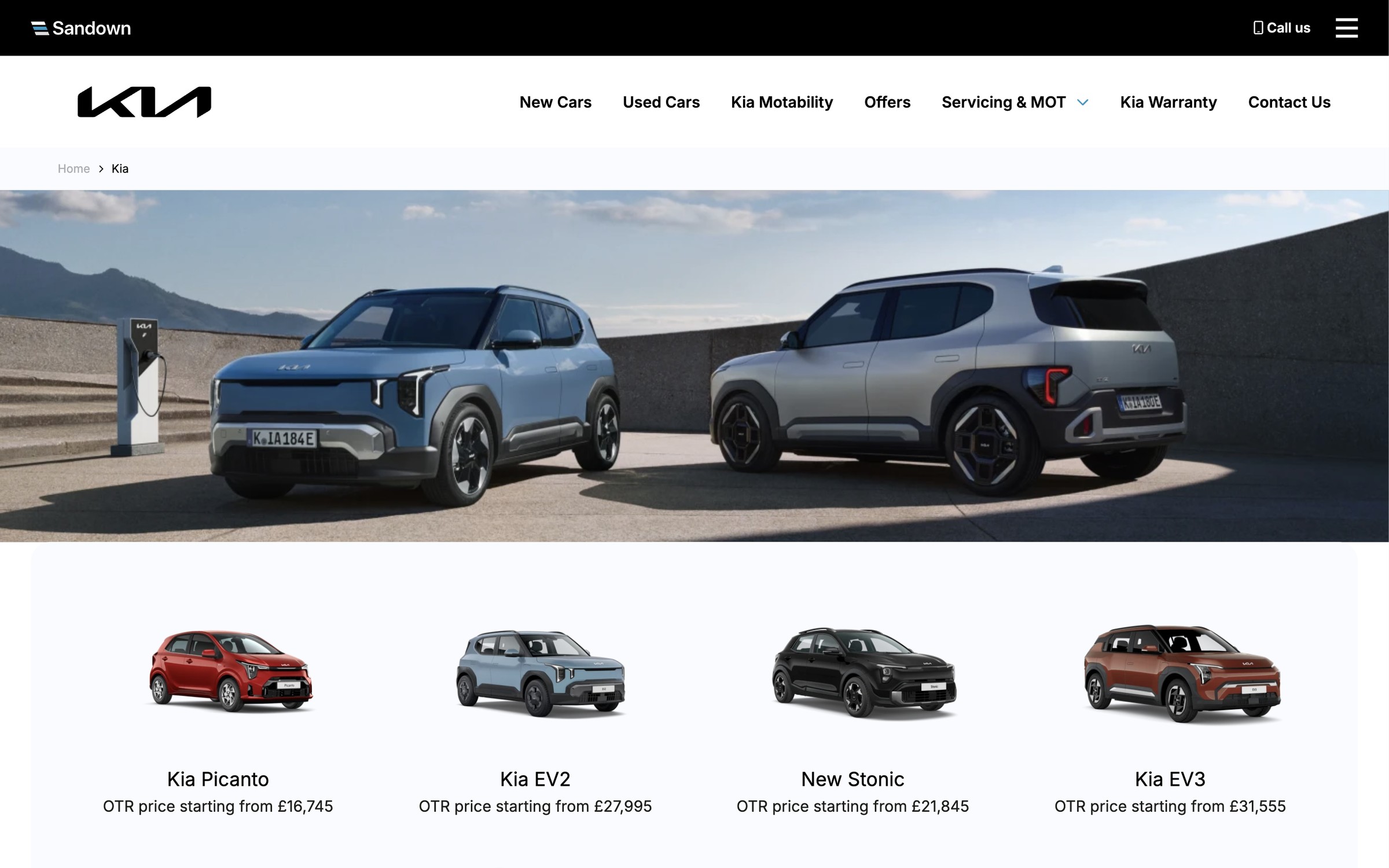 The Sandown Kia Salisbury page on desktop, with the Kia range and a dealership search