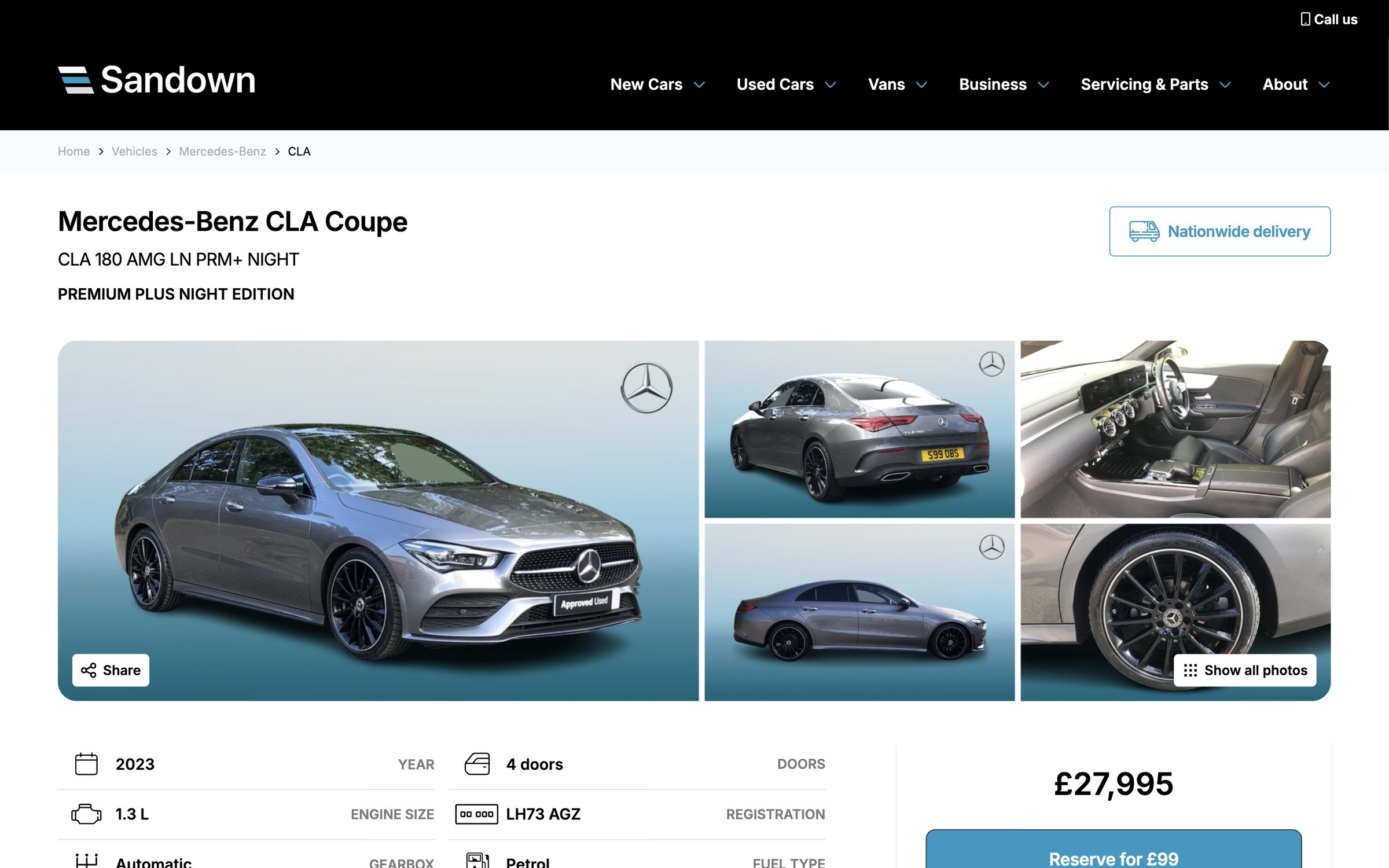 A used Mercedes-Benz CLA Coupe vehicle page on desktop, with the photo gallery, cash price and Reserve for £99 button