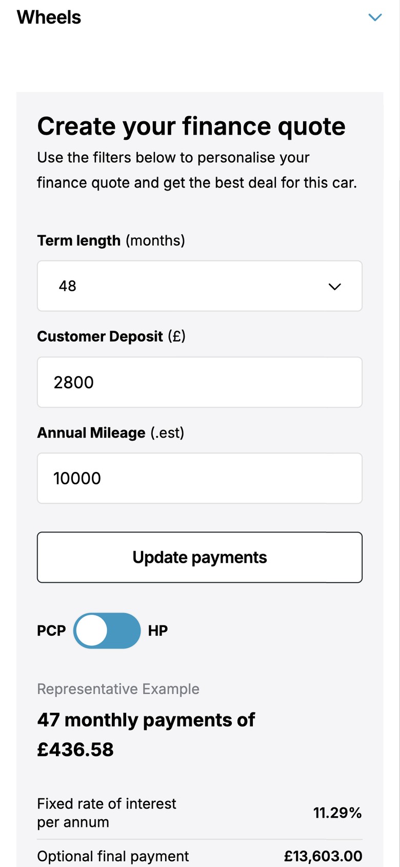 The Codeweavers finance calculator on a phone, with term, deposit and mileage