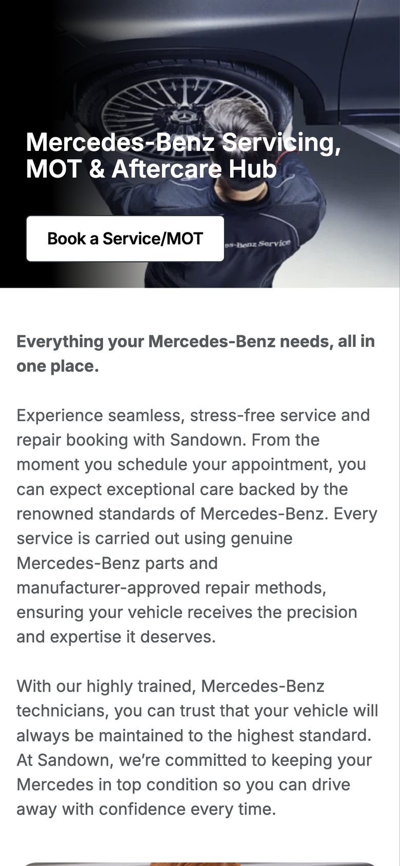 The Mercedes-Benz servicing page on a phone, with Book a Service/MOT