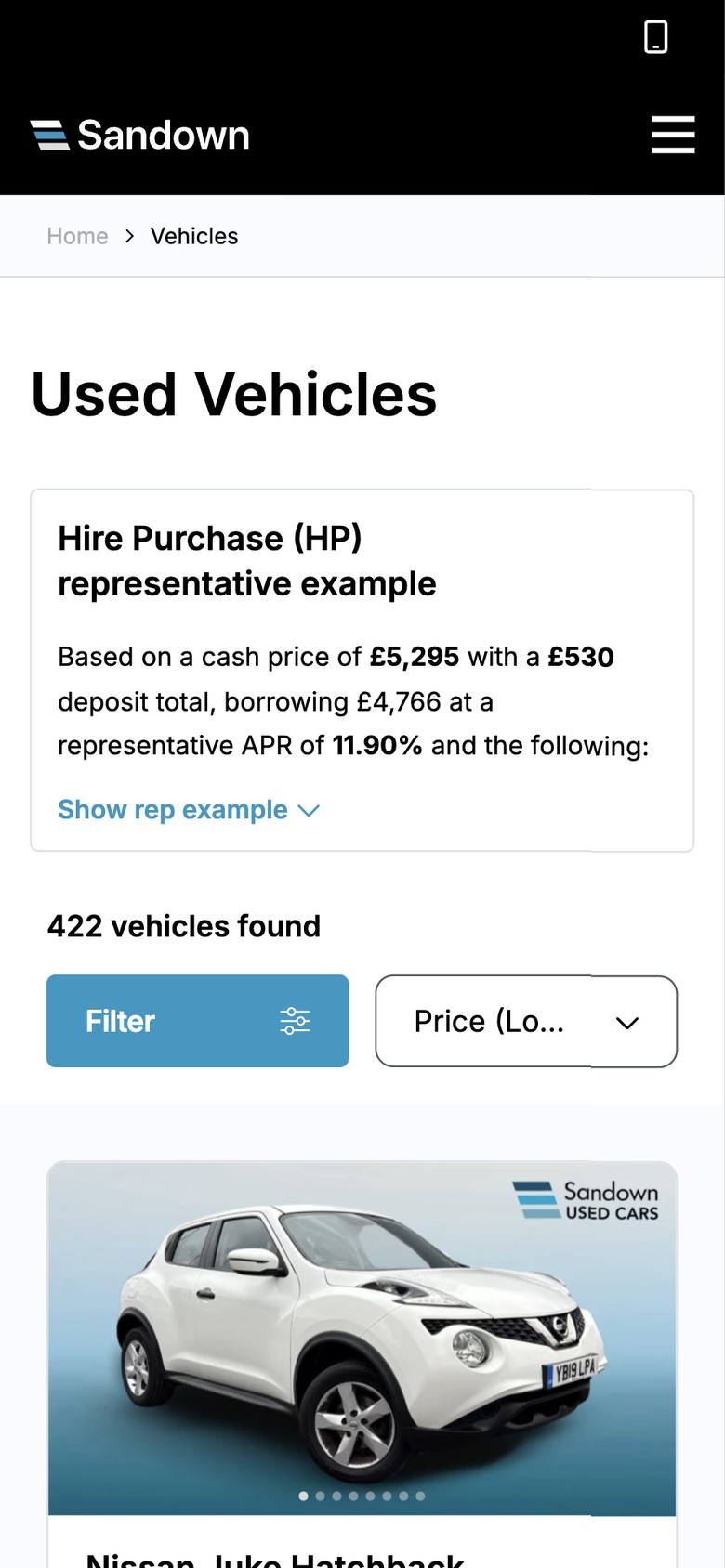 Used vehicle search results on a phone, with the HP representative example above them
