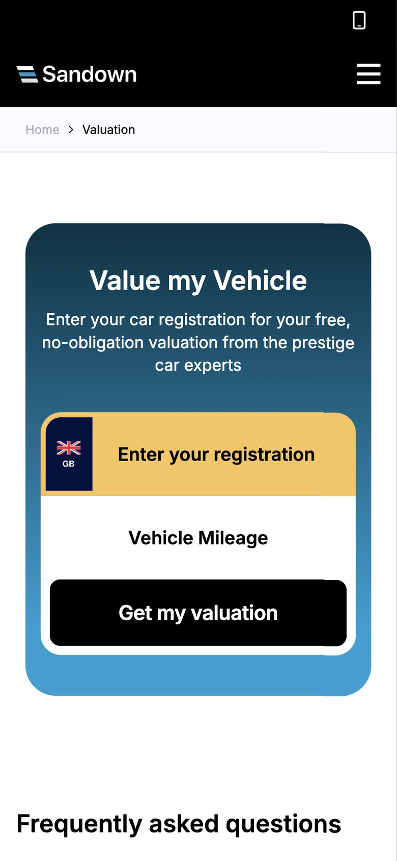 The Value my Vehicle form on a phone