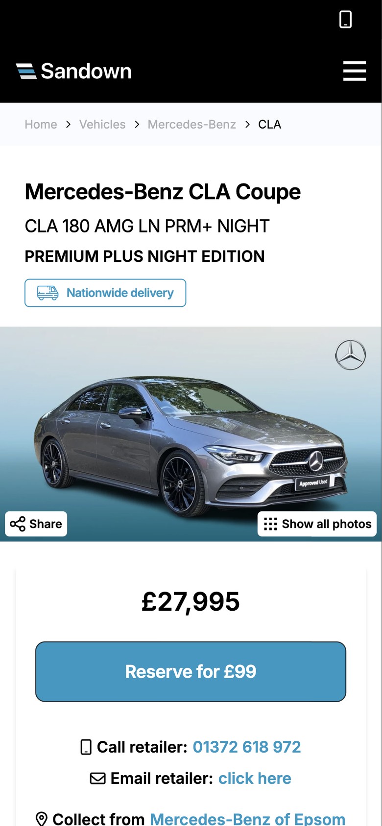 A used Mercedes-Benz CLA 180 AMG Line Premium Plus Night Edition vehicle page on a phone, with the cash price, Check finance and Reserve for £99