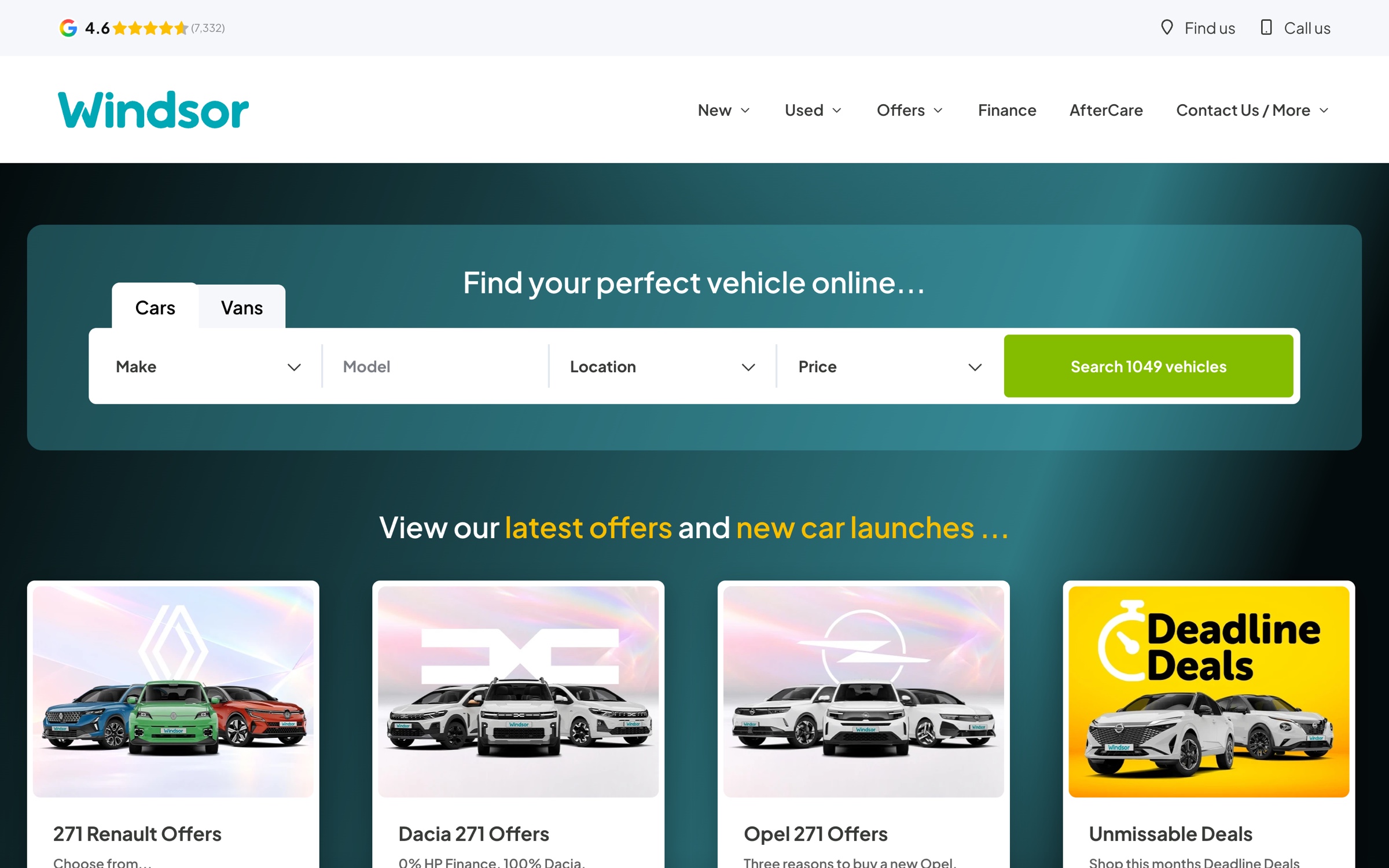 The Windsor Motors homepage, with a car and van search by make, model, location and price