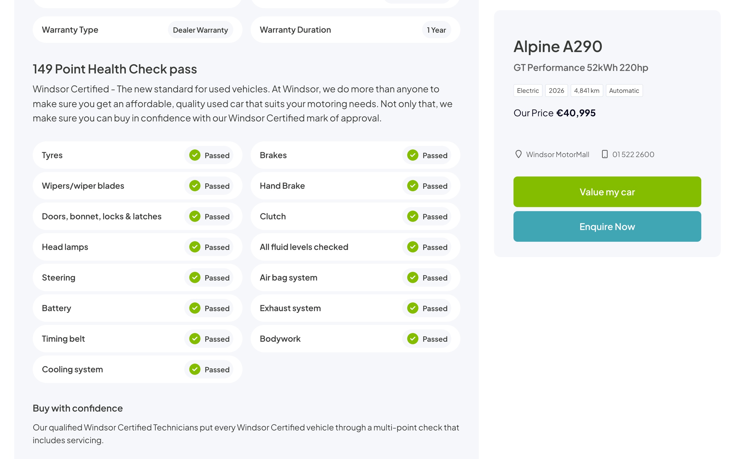 A used Alpine A290 vehicle page on desktop, showing previous owners, NCT due date, warranty and a list of passed health checks
