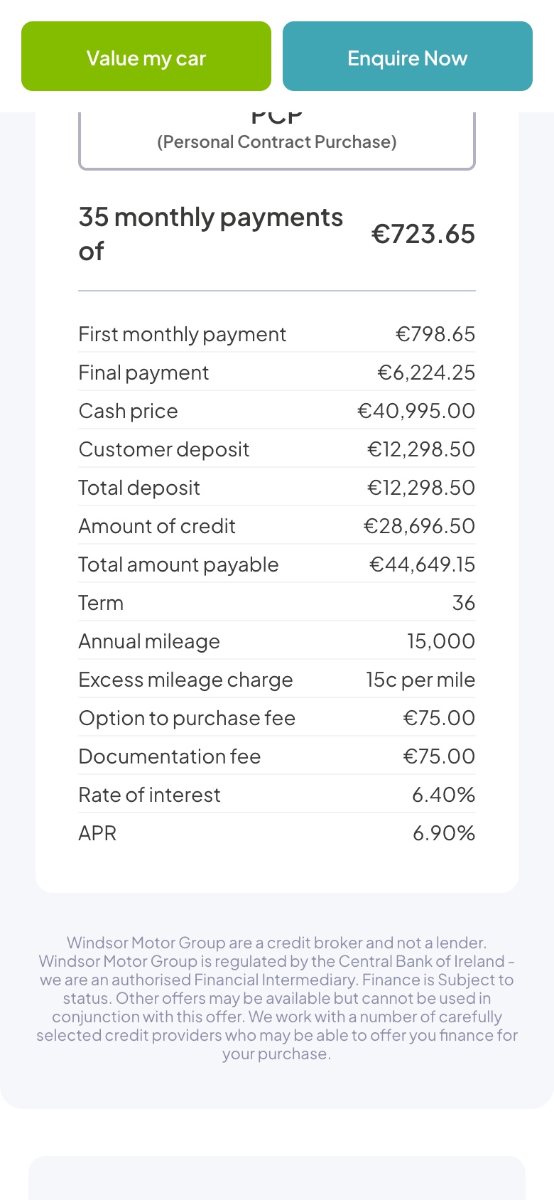 The CodeWeavers finance calculator on a phone, with the full PCP breakdown including the APR