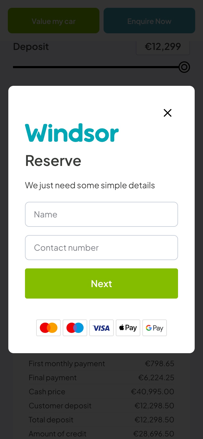 The Reserve for €99 form on a phone