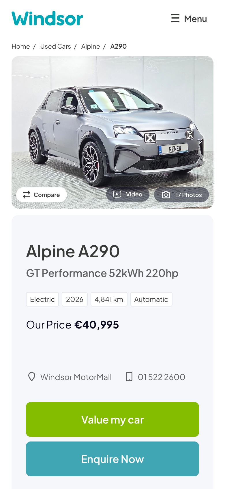 A used Alpine A290 vehicle page on a phone, with video and photo buttons and Our Price